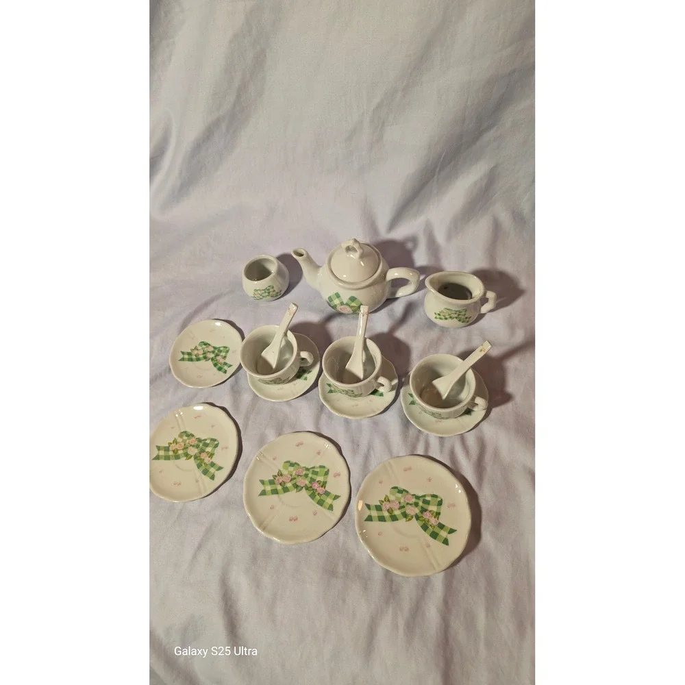 Miniature Porcelain Tea Set Green Gingham Bow Pink Rose Floral 17pc Collection